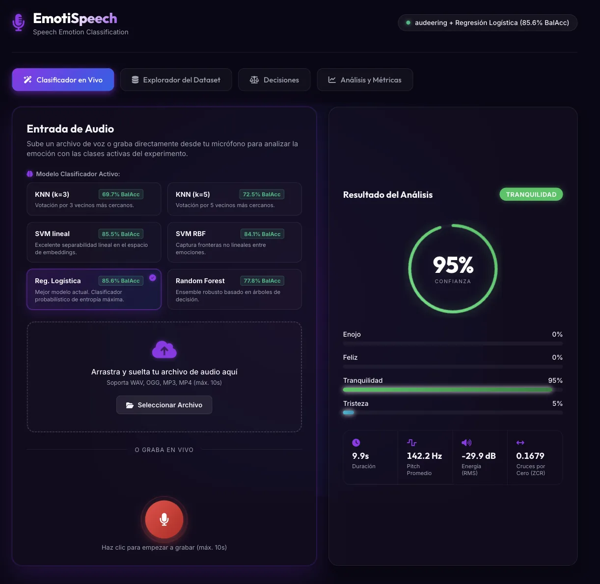Captura de EmotiSpeech — Clasificador de Emociones de Voz